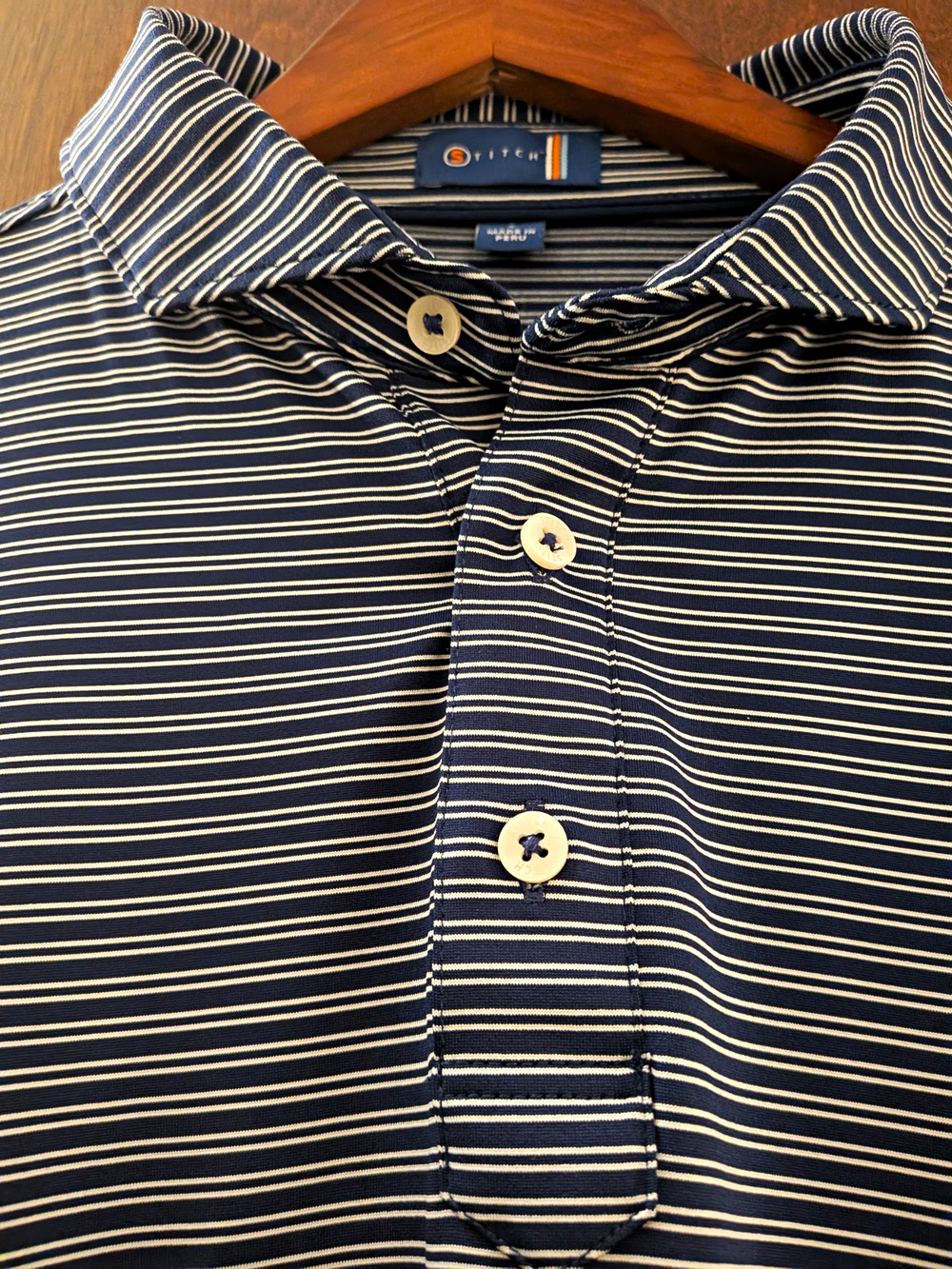 Stitch Men's L Blue/White Striped Polo Short Sleeve Collared Stretch 3-Button